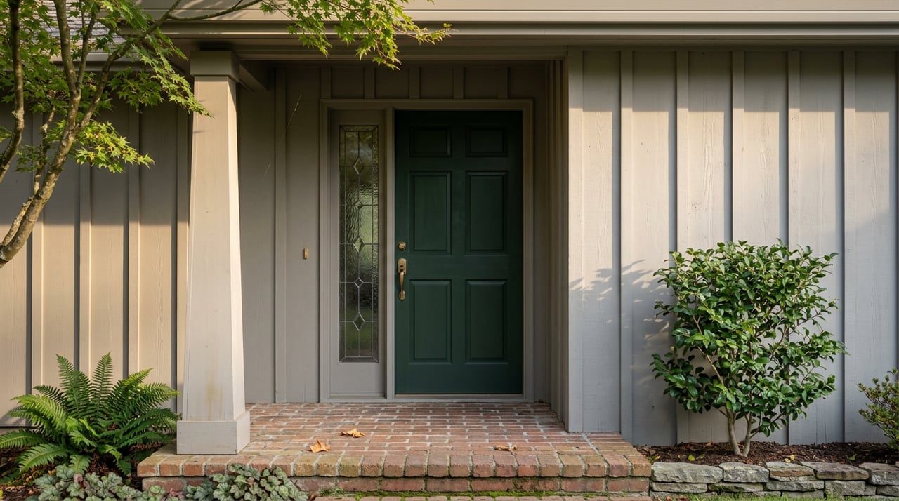 Craftsman entry with a forest-green door, leaded-glass sidelight, tapered porch column, and brick step.
