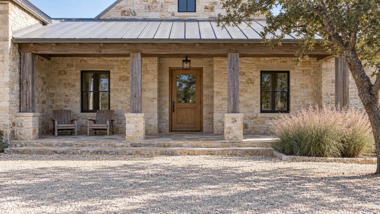 Limestone home with a deep timber porch, oak entry door, gravel approach and a mature live oak in morning light.