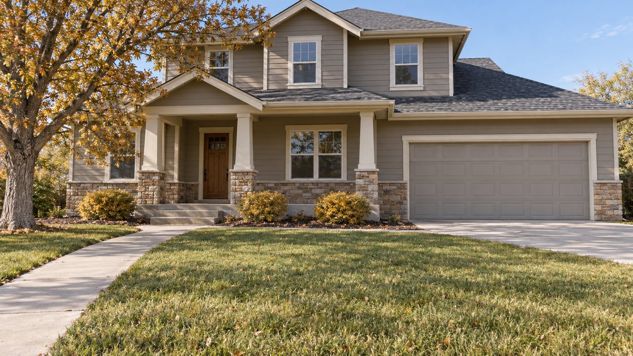 Two-story home with warm-gray siding, sandstone porch bases and a broad autumn lawn beside a copper-leaved oak.