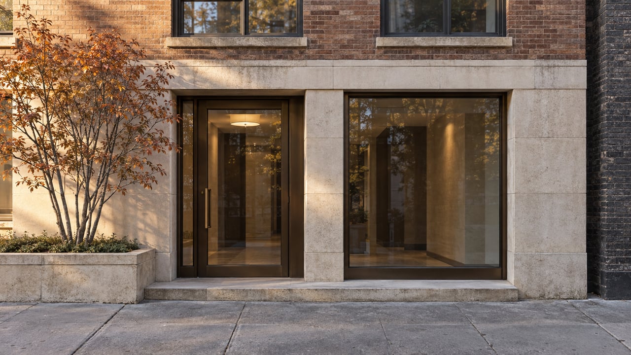 Bronze-framed glass entrance in a brown brick facade, beside a limestone planter with copper-leaved branches.