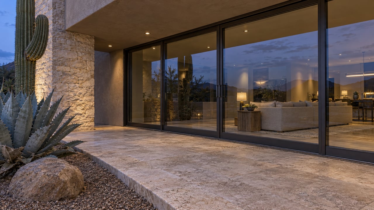 Blue-hour covered terrace with limestone paving, bronze-framed glazing, warm interior light, and a cactus and agave in a bordered gravel bed.
