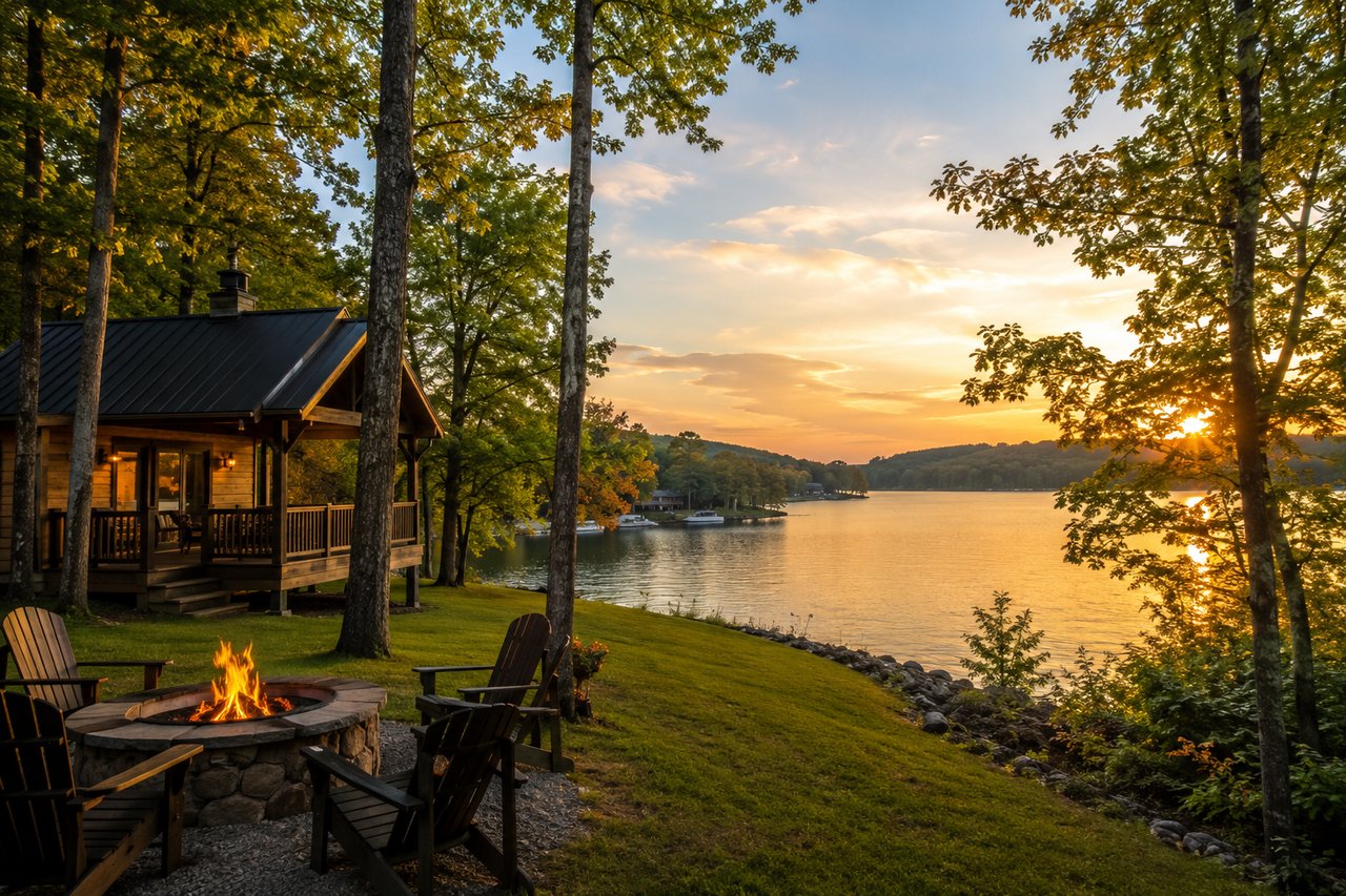 Luxury lakeside cabin surrounded by mature trees at sunset, featuring a stone fire pit with Adirondack chairs overlooking a calm lake, representing a peaceful weekend getaway near Nashville, Tennessee.