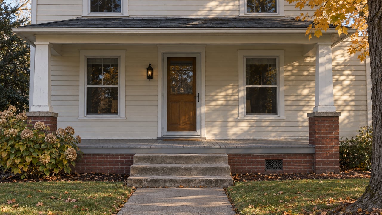 Autumn light on an ivory clapboard home's brick-pier porch, worn concrete steps and compact front lawn.