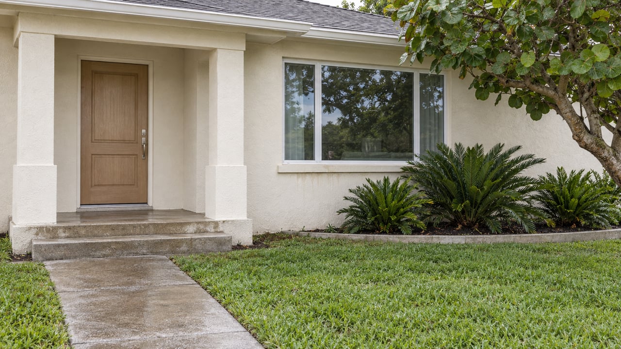 Ivory stucco home with a sheltered entry, broad window, sea grape tree, coontie planting, and a damp concrete front walk.