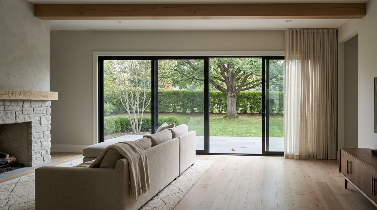 Great room with a stone fireplace, oatmeal sectional, and black-framed glass doors opening onto a lawn and mature oak.
