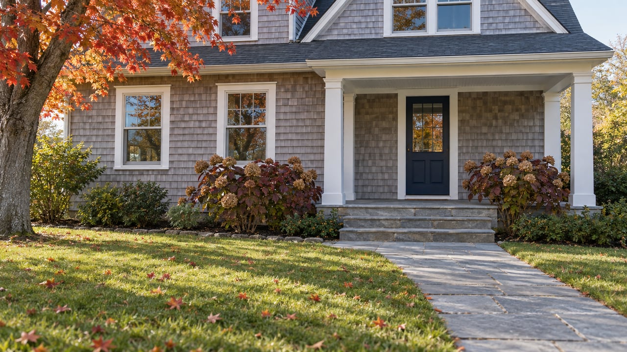 Gray cedar-shingled home with a covered porch, bluestone approach, broad autumn lawn and red maple.