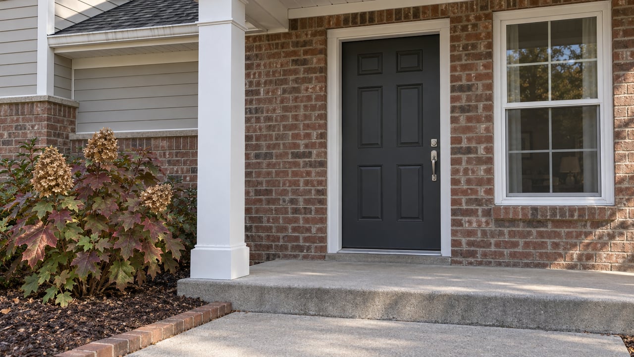 Close view of a brick home’s covered entry with a charcoal door, white trim and autumn oakleaf hydrangea beside the concrete walk.
