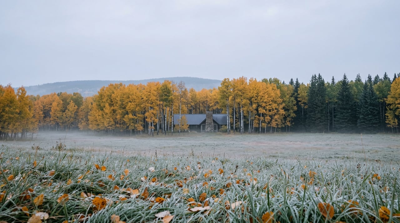 Frost-tipped meadow and low mist lead to a distant roof and stone chimney behind golden aspens and dark spruce.