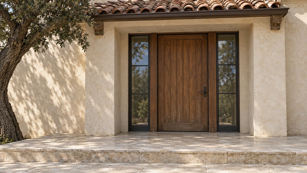 Ivory stucco home entrance with an oak door, paired bronze-framed sidelights, terracotta roof tiles and a worn limestone landing beneath oak shadows.