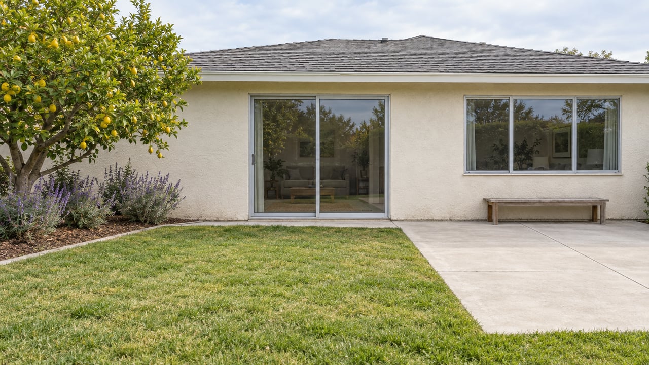 A single-story cream stucco home faces a lawn and concrete patio, with silver aluminum glazing, a weathered teak bench and a mature lemon tree.