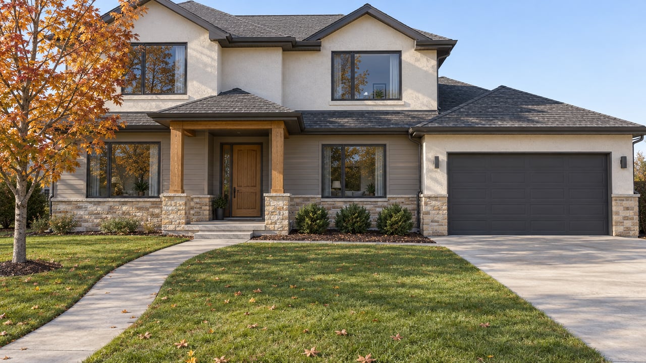 Transitional two-story home with pale stucco, taupe siding, sandstone porch bases, and a deep lawn beside an autumn maple.
