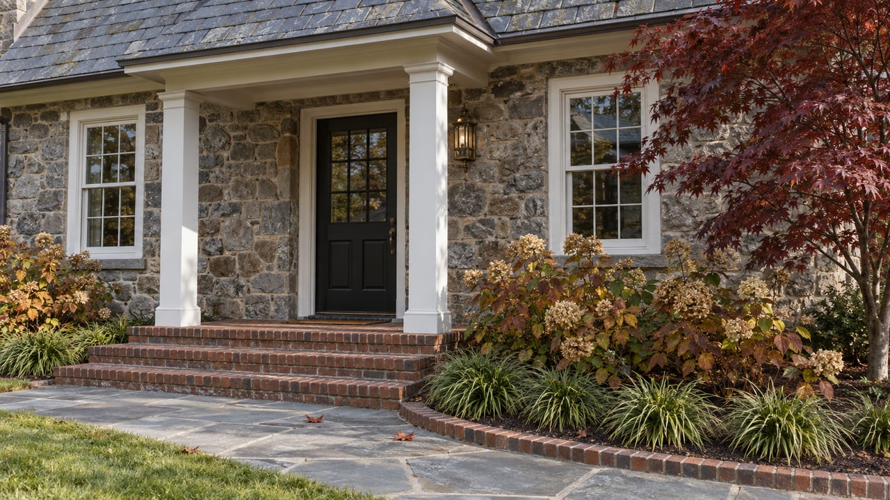 Stone house entrance with white columns, brick steps, and red and gold autumn foliage.