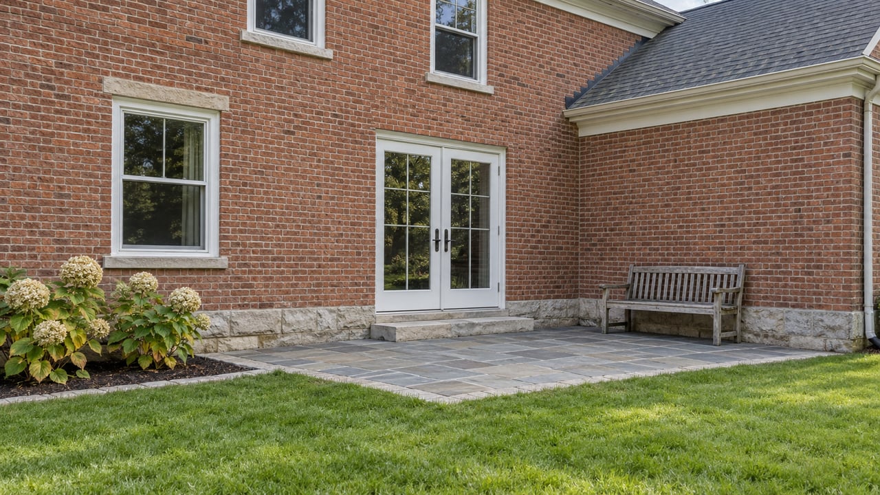 Weathered red-brick home with white French doors, a small stone terrace, a wooden bench, and lawn beside flowering hydrangeas.