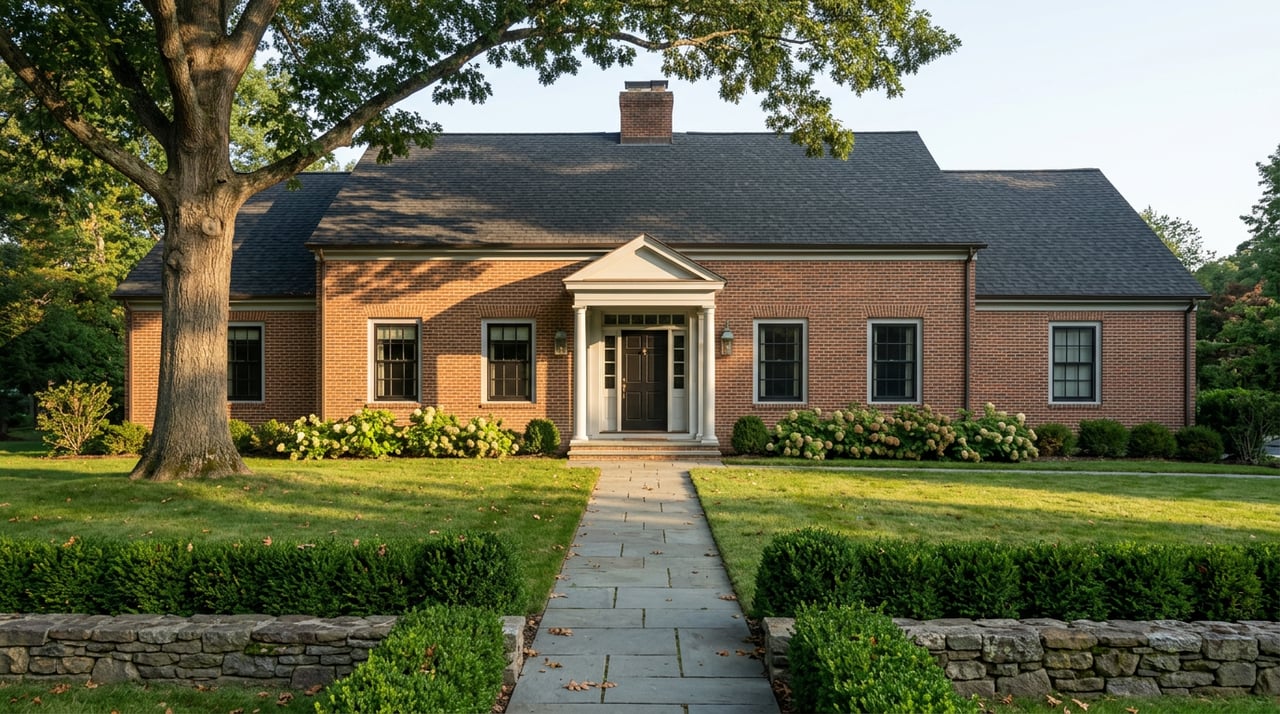 Detached brick Colonial with a white-columned portico, framed by a broad oak and clipped boxwood hedges.