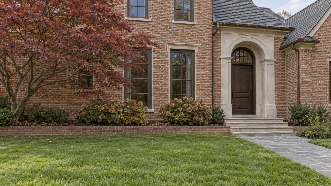 A substantial brick home with a limestone arched entry, slate roof, deep front lawn and sculptural Japanese maple in soft daylight.