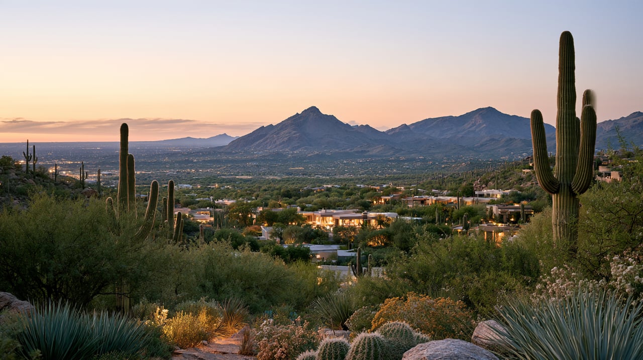 Desert neighborhood and mountain range at sunset, framed by saguaro cacti and desert vegetation.