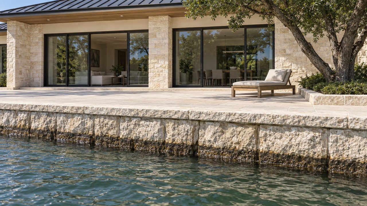 Limestone waterfront home with a deep terrace, glazed doors and a live oak above gently rippling blue-green water.