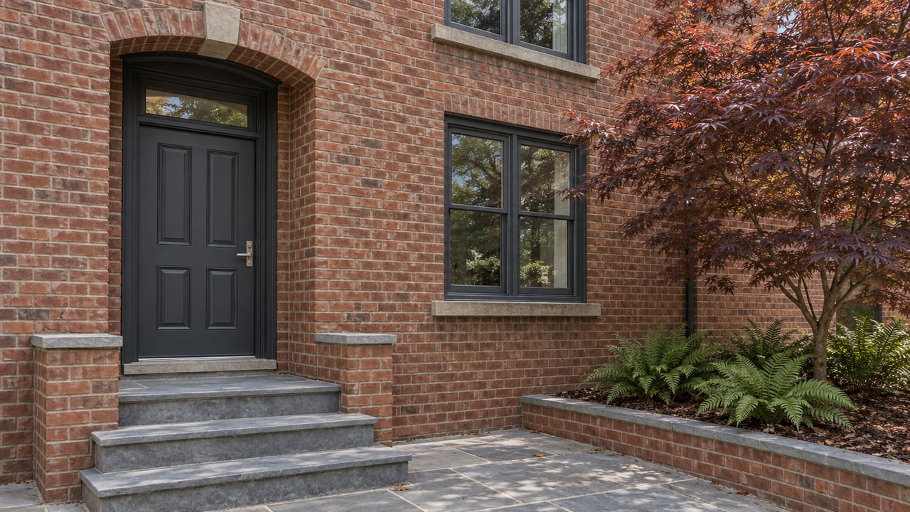 Red-brown brick townhouse entrance with charcoal door, gray-blue stone steps and a burgundy-leaved Japanese maple.