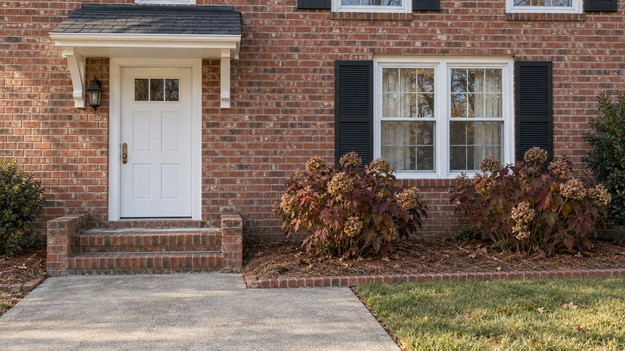 Red brick townhouse entrance with white trim, black shutters, brick steps and autumn oakleaf hydrangeas beside a concrete walk.