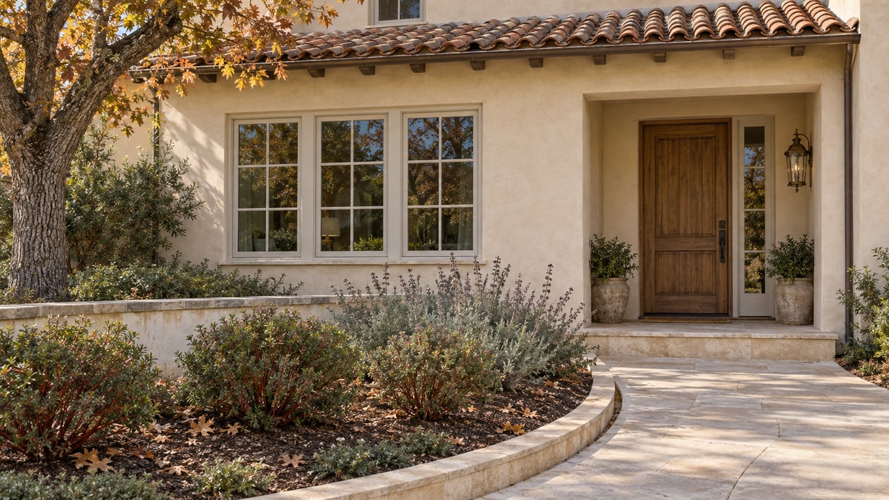 Autumn light on a cream stucco home with terracotta roof tiles, gridded windows, an oak entry door and a curving limestone garden walk.