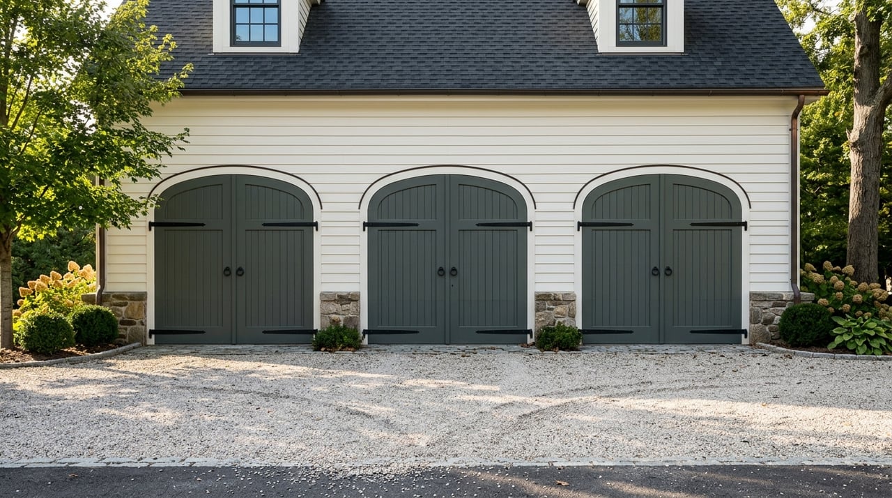 Carriage garage exterior facing a stone-paved courtyard with green planting and a strip of sky.