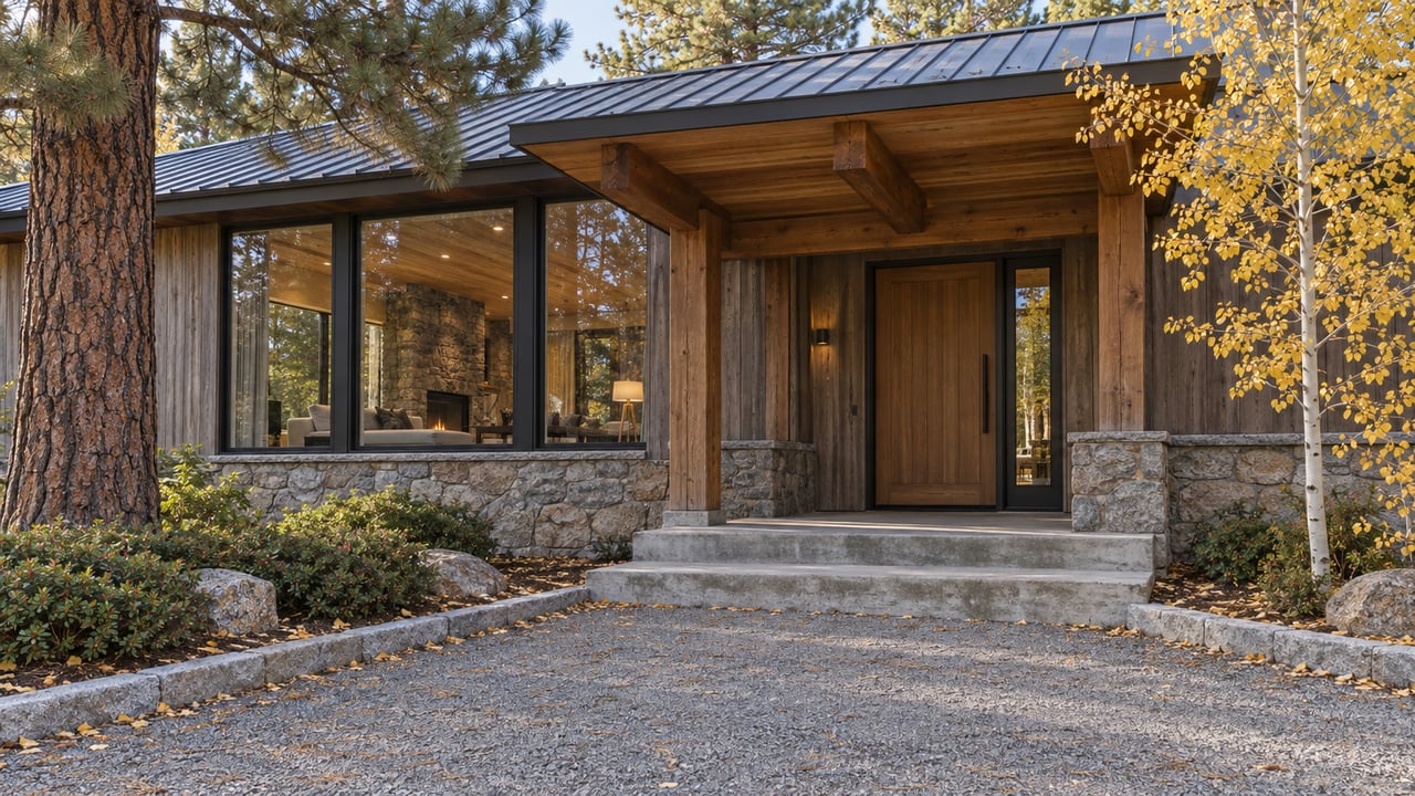 Autumn sunlight on a cedar-and-granite home with broad metal eaves, large windows, and a leaf-strewn approach beside pine and golden aspen.