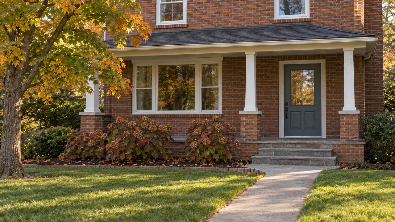Red-brown brick home with an ivory-columned stone porch, blue-gray front door, autumn maple, and a deep green lawn.