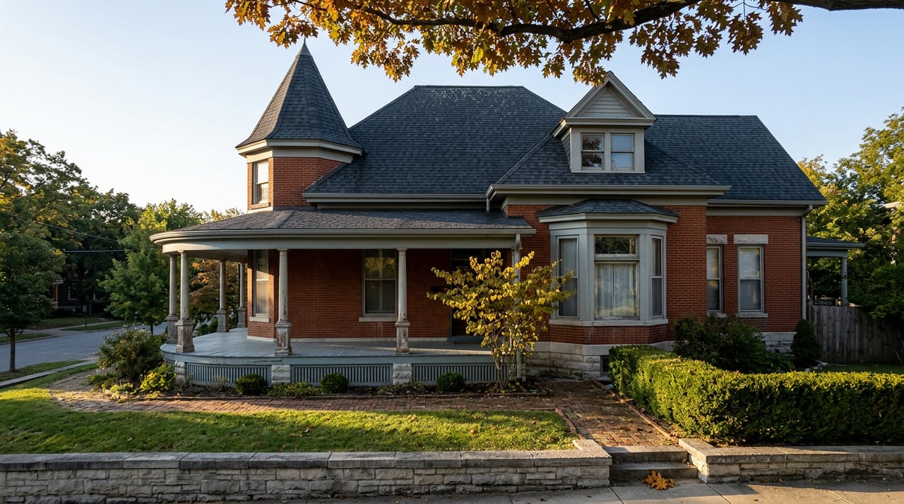 Brick Victorian house with a conical turret, wraparound porch, bay window, and oak canopy.