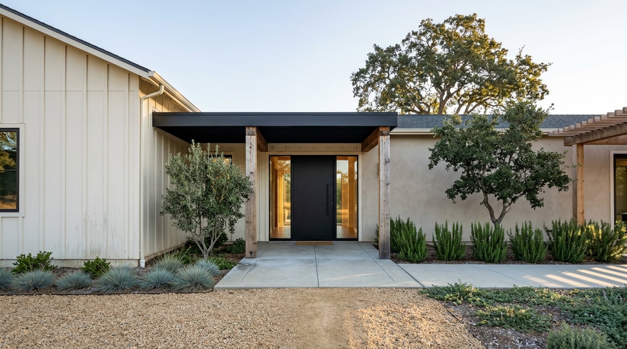 Modern ranch home entry with black metal portico, timber posts, concrete path, and oak canopy.