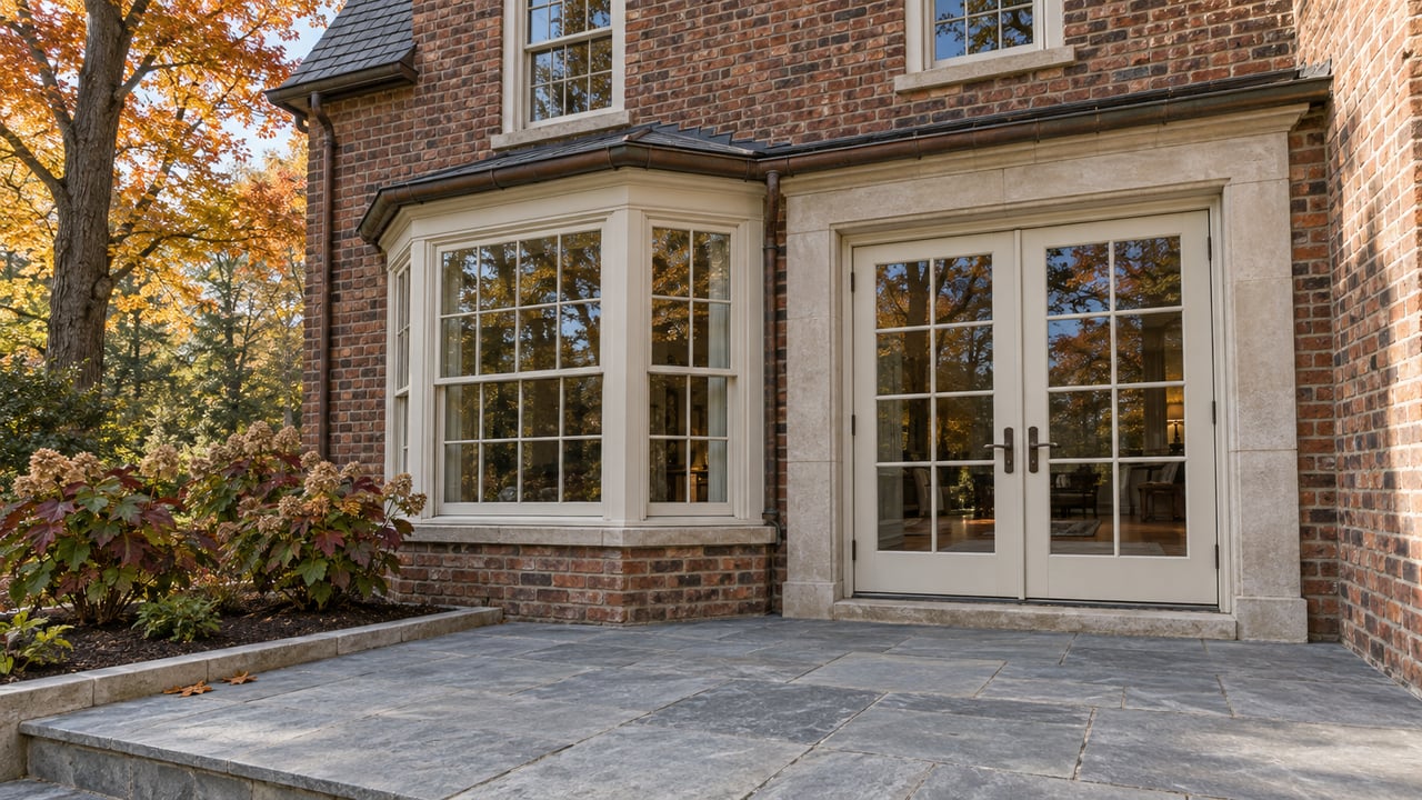 Russet brick home with ivory glazed terrace doors, a projecting window bay and weathered limestone paving beside autumn oakleaf hydrangeas and a sugar maple.