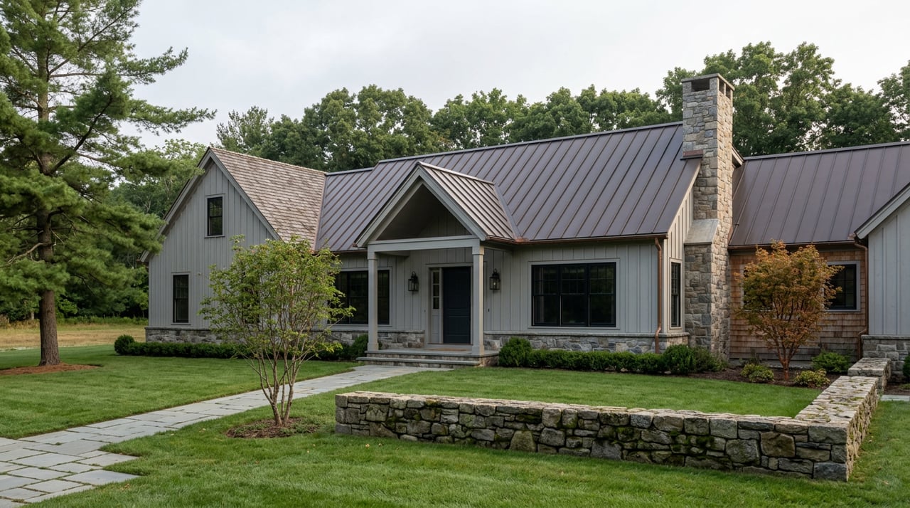 Large gray shiplap home with a dark metal roof, stone chimney, gabled entry, and deep lawn behind a low stone wall.