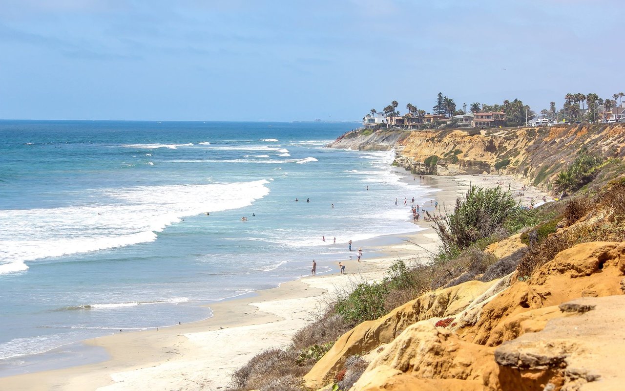 Carlsbad beach beneath golden coastal cliffs lined with homes and palm trees.