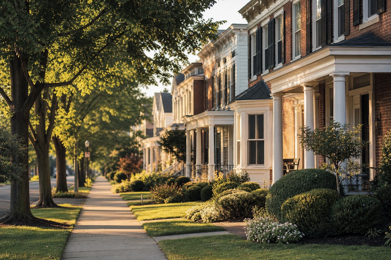 Tree-lined sidewalk beside brick and light-colored homes in warm evening light.