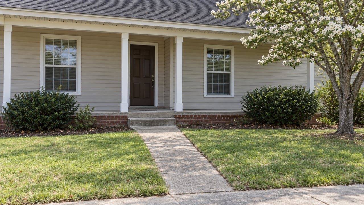 Single-story beige house with a brick porch foundation, concrete walkway, lawn, and flowering dogwood tree.