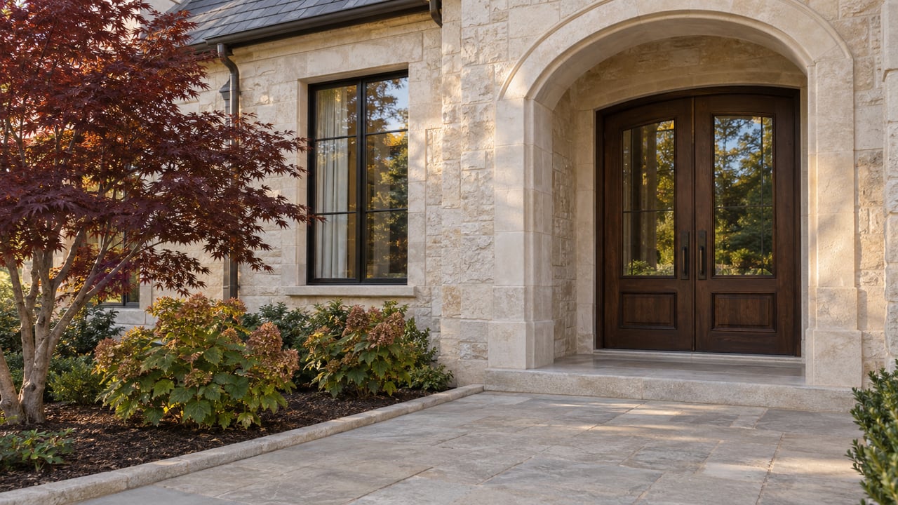 Cream limestone home with an arched oak-and-glass entry, dark-framed window, and a stone approach beside burgundy Japanese maple and oakleaf hydrangeas.