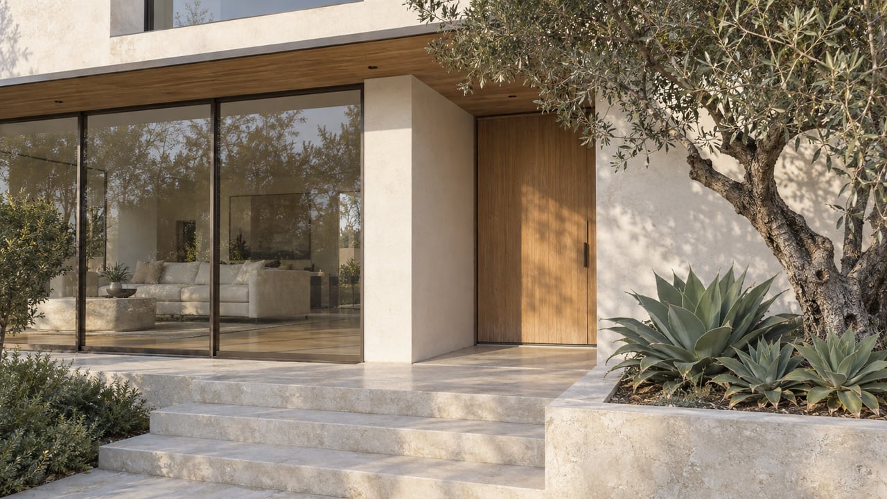 Warm-white modern home with bronze-framed glass, an oak entry door, pale limestone steps and a sculptural olive tree in a raised planter.