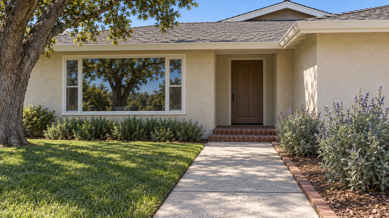 Cream-stucco single-story home with a recessed wood entry, brick steps, a concrete approach and mature oak beside the lawn.