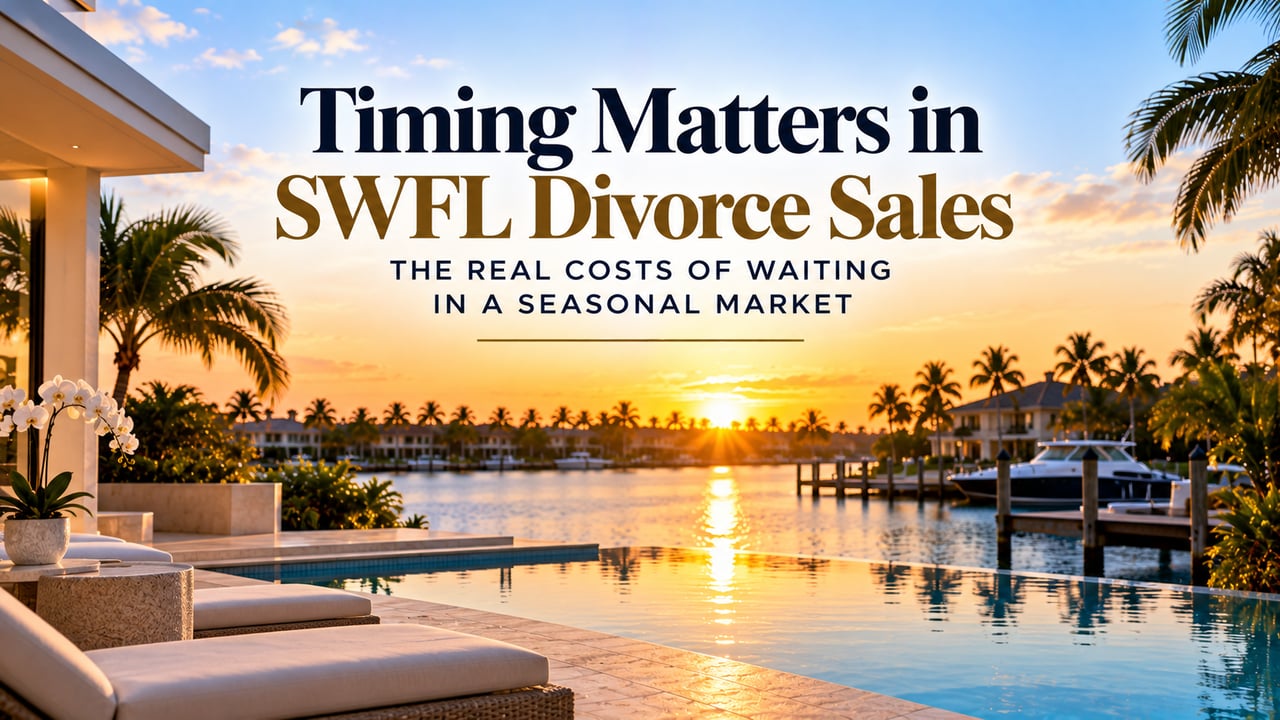 Luxury Southwest Florida waterfront home at sunset featuring an infinity pool, tropical palm trees, and a private boat dock, illustrating how seasonal market timing and ongoing property carrying costs can affect the sale of a marital home during divorce in Naples, Fort Myers, Estero, and Bonita Springs.
