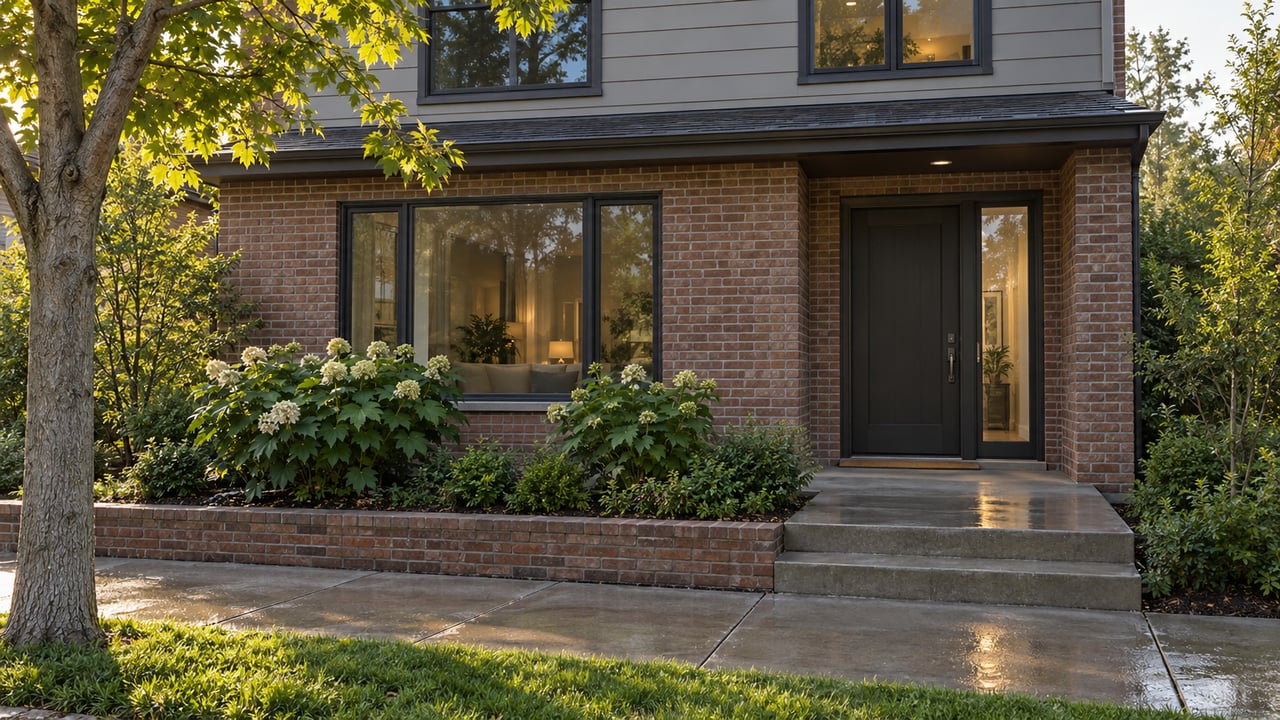 New brick-and-siding home with a dark entry, broad window, wet sidewalk, and mature tree at its edge.