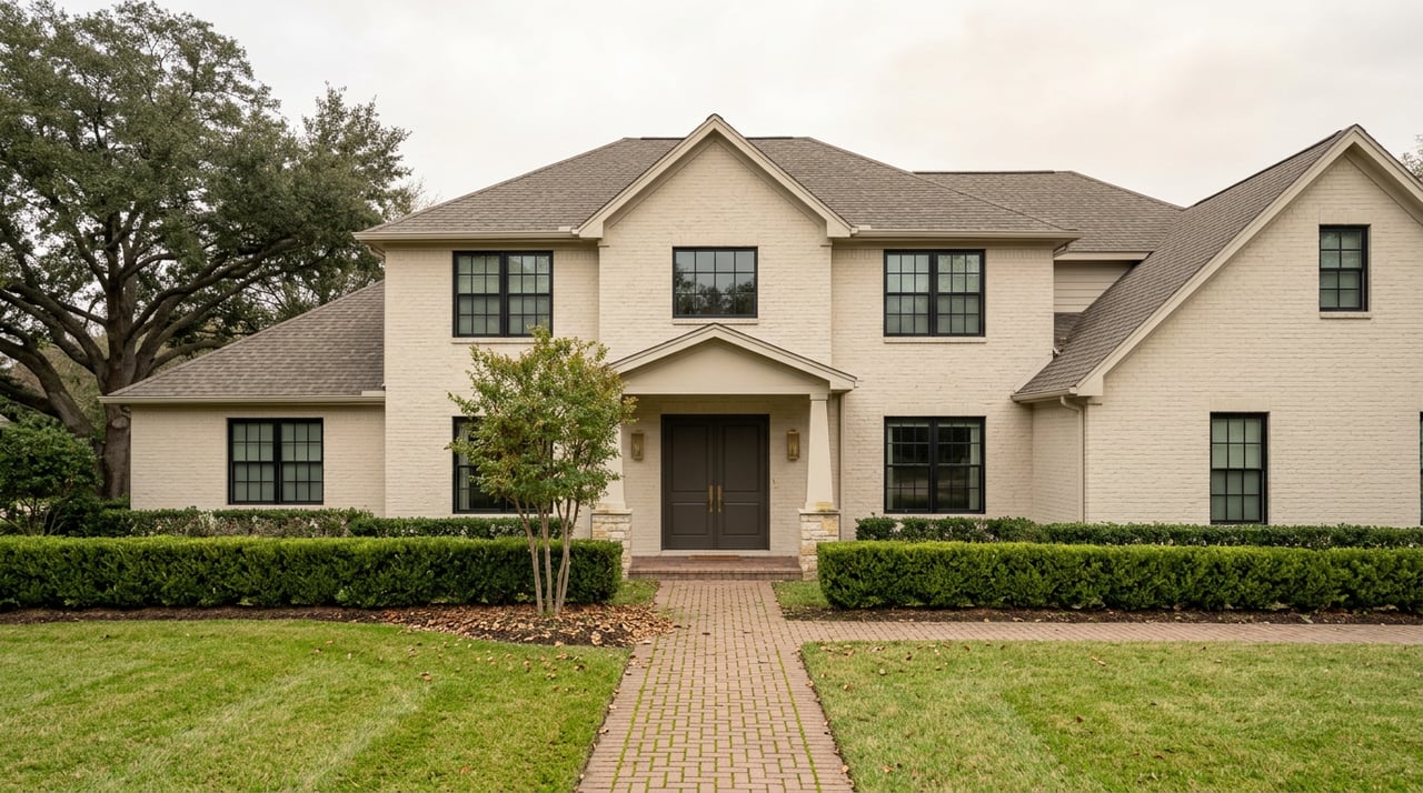 Two-story oatmeal brick home with a covered entry, brick walkway, clipped hedges, and a mature oak tree.