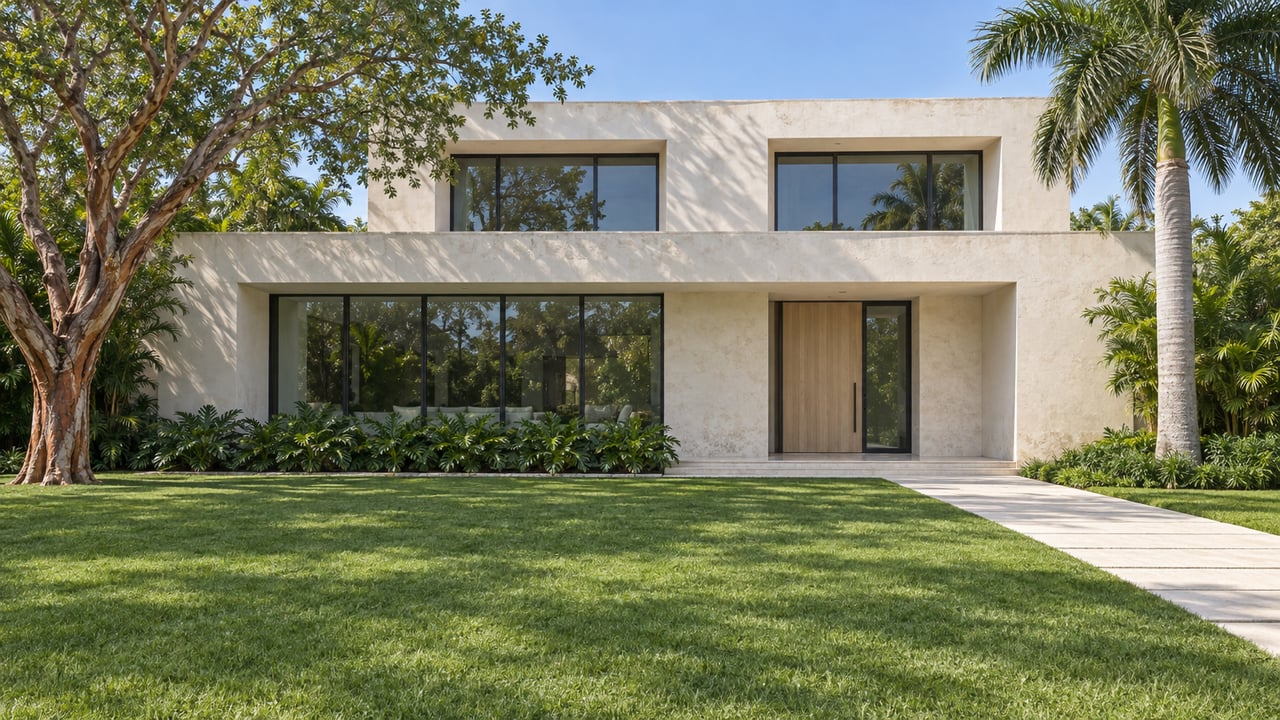 A broad lawn and two mature specimen trees frame a white contemporary home with recessed glazing and a pale limestone approach.