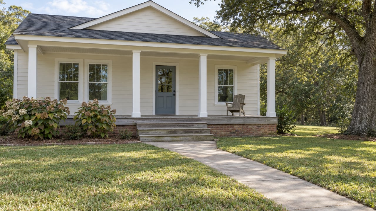 Cream lap-sided cottage with a slate-blue door, weathered front porch, broad lawn, and a spreading live oak.