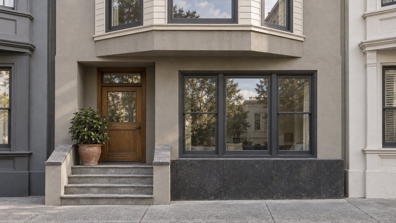 Morning light on a narrow home's ivory window bay, gray stucco facade and stone entry steps beside a potted camellia.