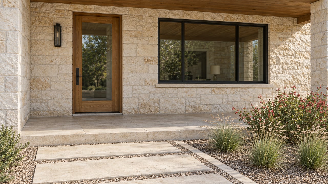 Covered limestone home entrance with an oak-and-glass door, black-framed window, stone approach and flowering sage beside native grasses.