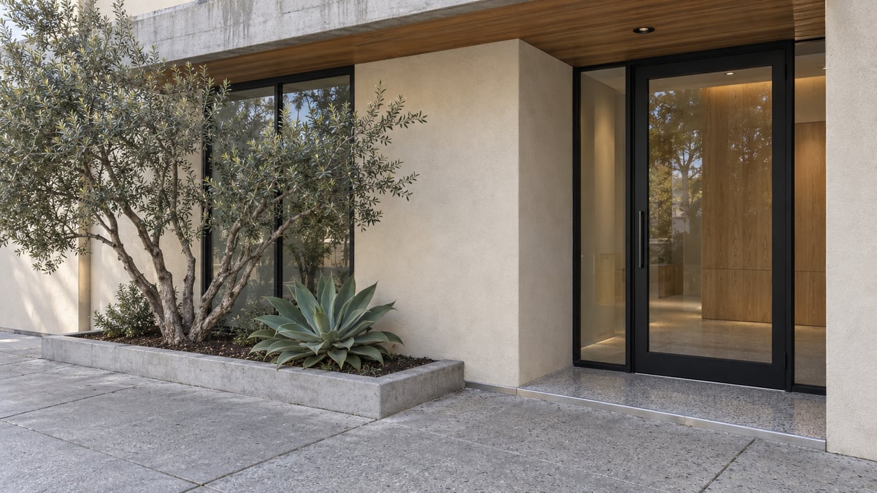 Sand-colored condominium entrance with a glazed black door, wood soffit, and olive tree in a raised planter.