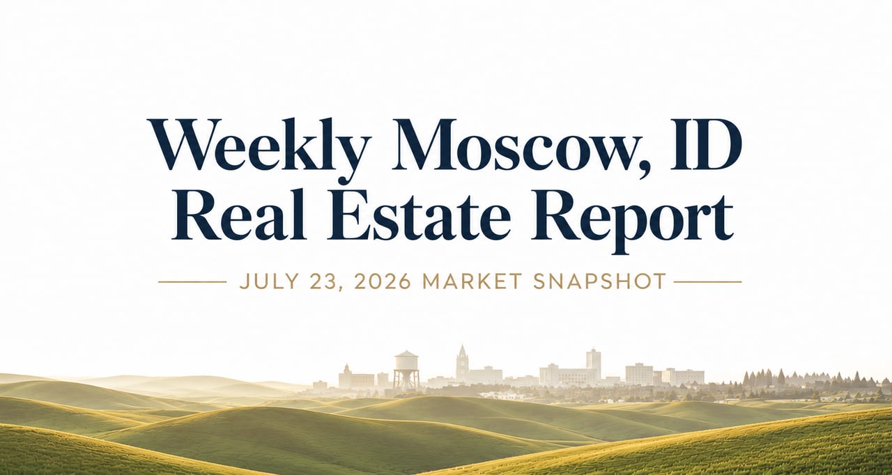 Professional blog header for Jordan Vorderbrueggen's July 23, 2026 weekly Moscow, ID real estate market report featuring Palouse hills and a subtle Moscow skyline.