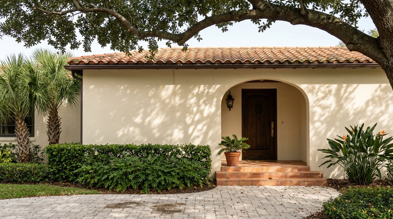 Cream stucco Mediterranean porch with an arched entry, dark wood door, terracotta steps, and oak leaves overhead.