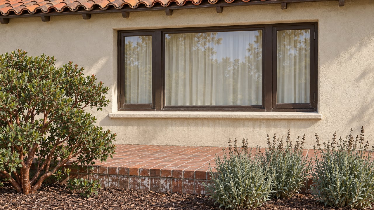 Sunlight on a cream stucco home with a dark timber window, terracotta roof tiles, and a brick terrace above manzanita and sage planting.