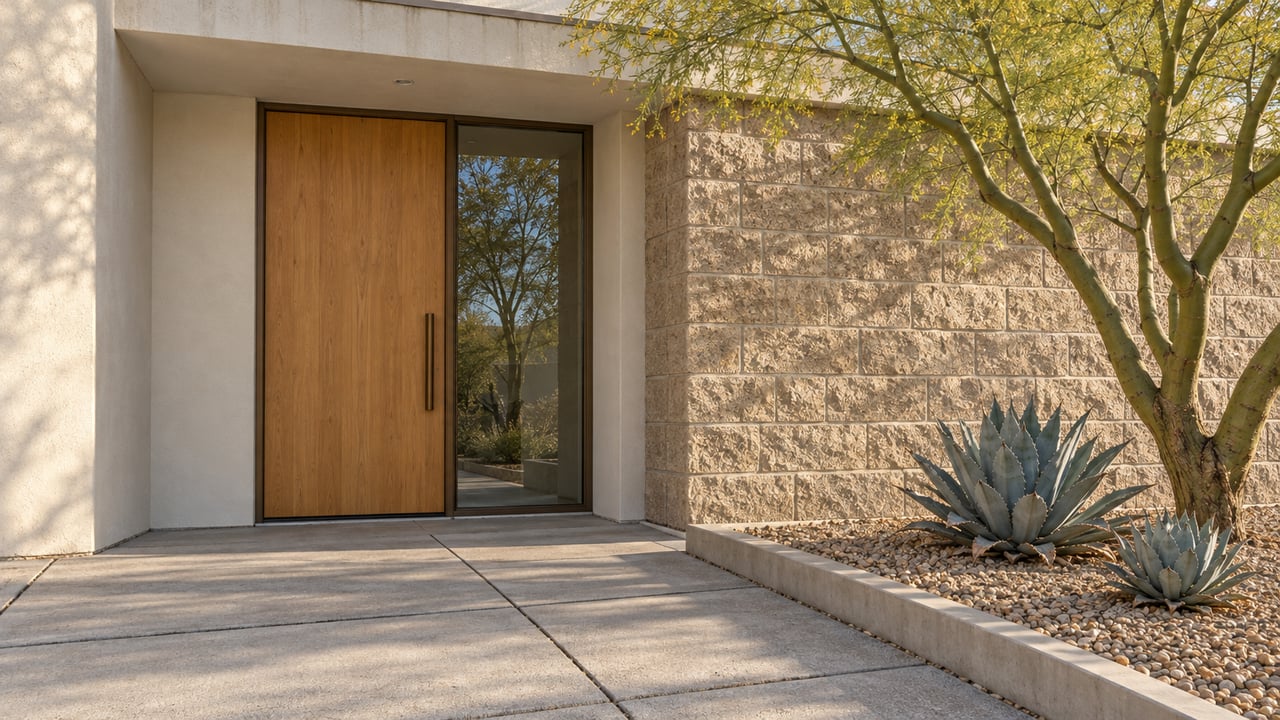 Warm stucco and textured block entry with a wood door, concrete approach, blue-gray agaves and a green-trunked tree.