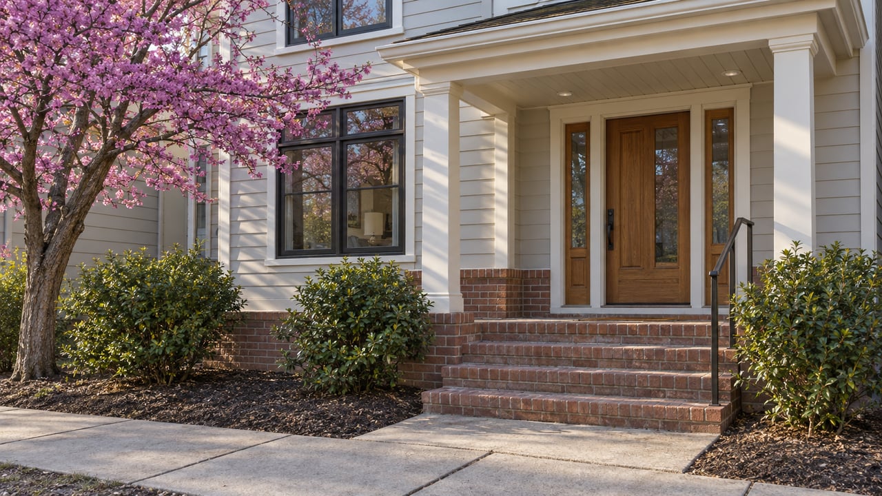 Compact brick-and-siding home with a recessed oak door, brick steps, and a small tree beside the sidewalk.